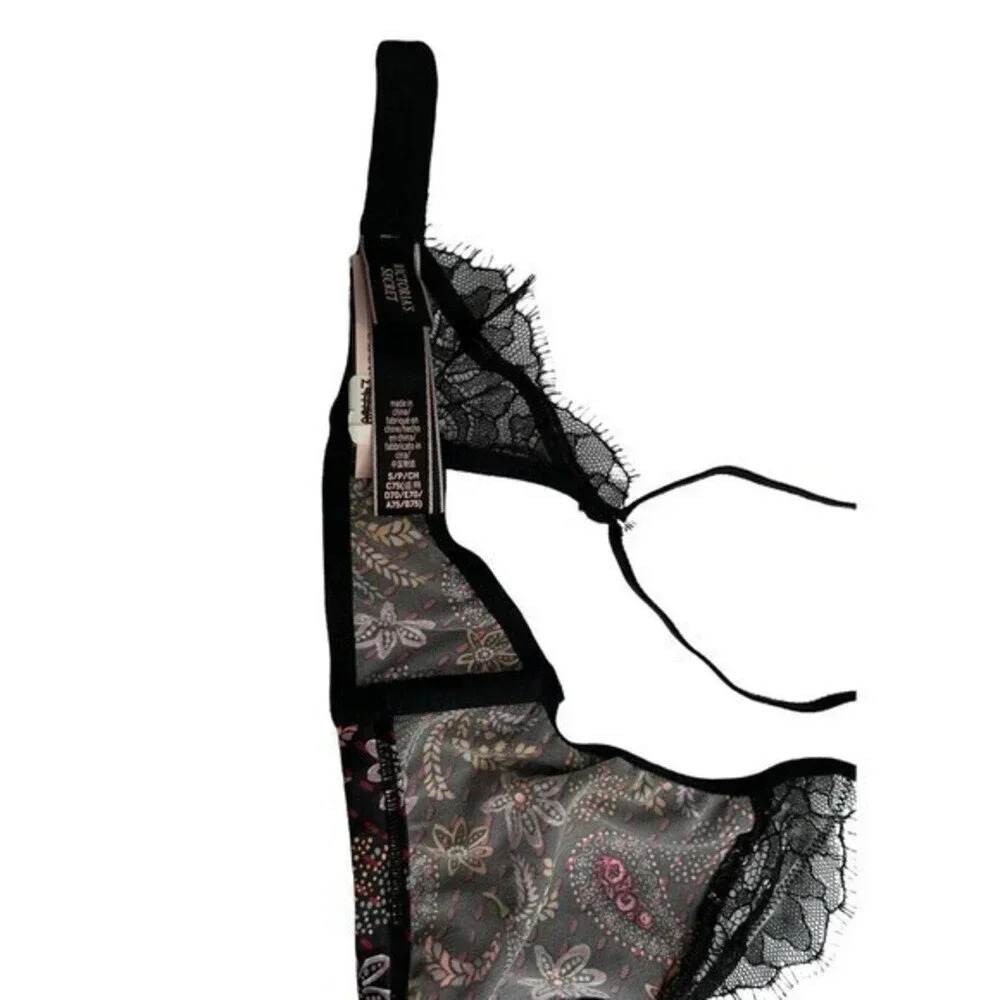 Victorias Secret Small Soft Bralette Satin Lace Trim Floral Unlined Wireless Bra - Picture 2 of 3